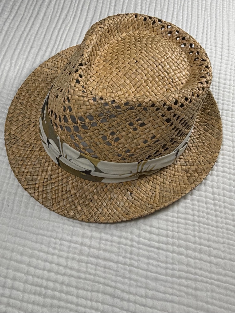 Authentic Natural Hand Woven Straw Fedora Breathable Hat Floral Scarf Band Sz L